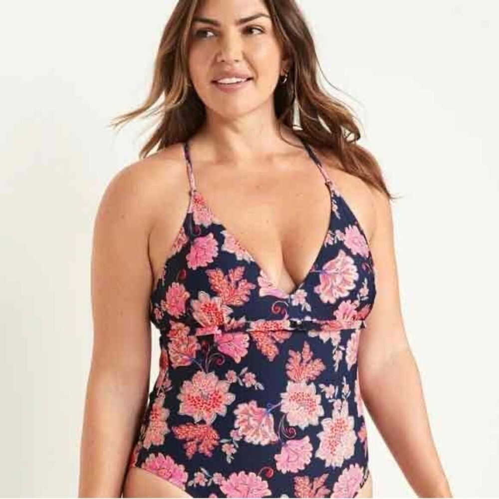 Old Navy Floral Halter V-Neck Ruffle Cross-Back Tankini Large Blue Floral